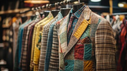 A designer's collection of unique jackets made from vibrant, old plaid shirts displayed on mannequins in a stylish boutique setting