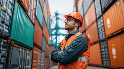 logistics coordinator in orange safety vest and hard hat stands confidently among shipping containers, overseeing operations in busy port. atmosphere reflects determination and focus