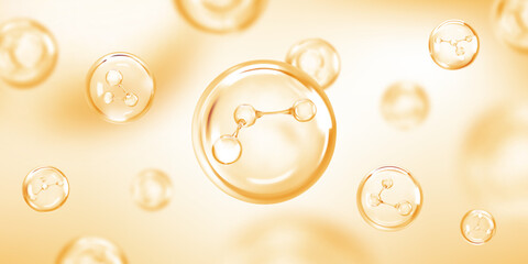 Molecule inside bubble on light yellow background. Collagen serum drops. Cosmetic essence. Concept skin care cosmetics solution. Vector illustration