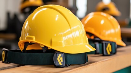 Safety equipment for maintenance services Concept, Bright Yellow Safety Helmets with High Visibility Safety Belts Neatly Arranged on a Workshop Table