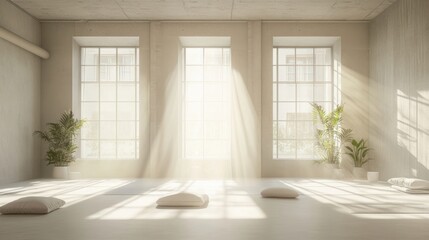 Fototapeta premium Bright and serene yoga studio with sunlight streaming through windows illuminating plants and cushions