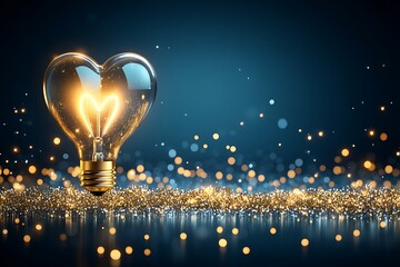 Heart lightbulb idea, gold sparkles on dark blue background