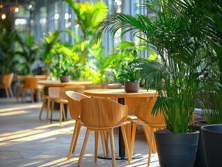 modern working space featuring natural materials, bright green plants, and wooden furniture creates serene atmosphere for productivity and relaxation