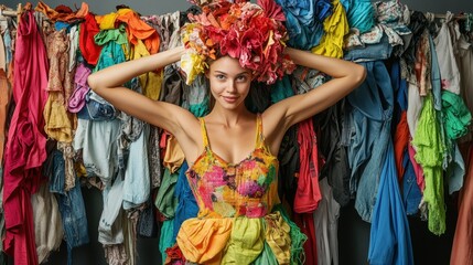 A vibrant individual poses with a colorful upcycled outfit made from various fabrics, surrounded by a backdrop of mixed clothing and textiles