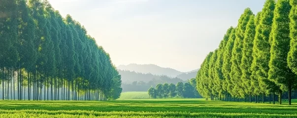Rows of lush green rubber trees in perfect symmetry creating a serene rural landscape