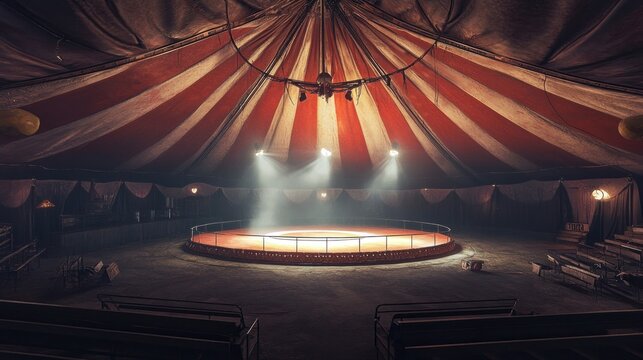 Inside vintage circus tent with spotlight on stage dramatic lighting grand spectacle event space setting