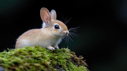 Fototapeta premium Adorable baby rabbit perched on moss