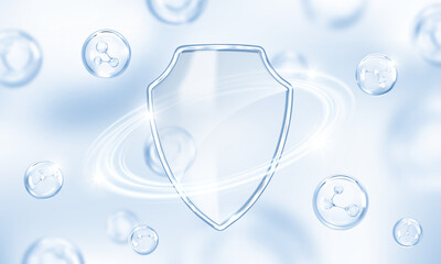 Transparent glass protection shield with molecules. Medical health protection concept