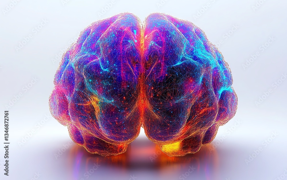 Poster luminous brain design with complex neural connections and synaptic activity on a white background, i