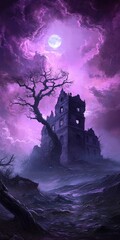 Fototapeta premium Eerie castle bathed in moonlight purple hues