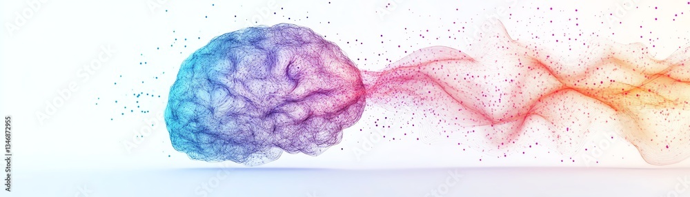 Poster luminous brain illustration with dynamic neural networks and synaptic activity, white background, em
