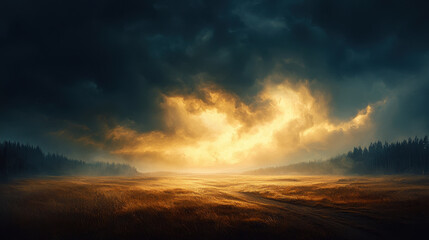 dramatic sky with thunderous storm clouds rolling over glowing field, creating striking contrast
