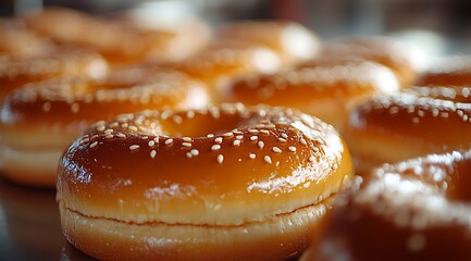 Deliciously glazed donuts with sesame seeds ready for enjoyment at a local bakery