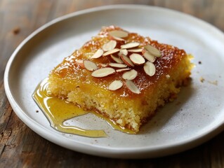 Golden Slice of Basbousa Delight with Almonds on a Rustic Plate Sweet Middle Eastern Treat