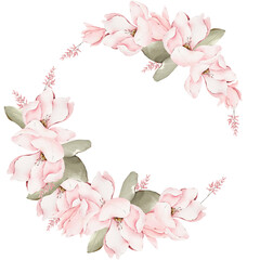 Naklejka premium Watercolor Magnolia Flower Wreath: Delicate Pink Flowers, Leaves, Hand Painted Botanical Illustration on Transparent Background, Floral arrangement ideal for Wedding Invitations, Bridal Shower Design
