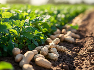 Peanut farm with rows of peanuts growing in the ground.