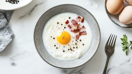 Gather eggs, cream, and crispy bacon for a comforting bowl of porridge infused with black pepper for seasoning