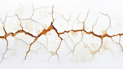 Cracked wall with rust stains revealing underlying damage, set against a plain white background