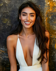 Fototapeta premium Smiling woman in a stylish white dress poses confidently against a textured wall background