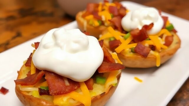 Loaded fried potato skins with cheese, bacon, and sour cream.