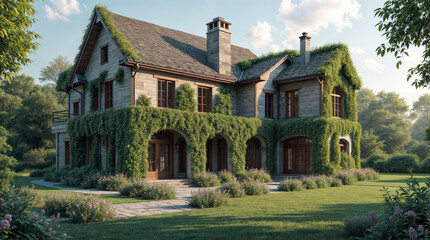 Obraz premium A large house with a green ivy growing on the roof