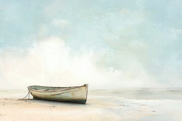A weathered wooden boat rests on a tranquil sandy beach under a serene, pale sky.