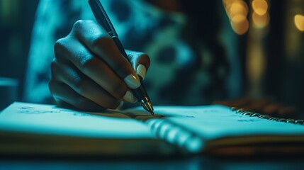 Hand Writing in Spiral Notebook Under Dim Lighting, A close-up of a person's hand writing in a spiral notebook with a pen, under dim lighting