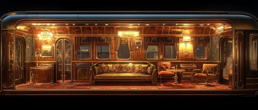 Luxurious train car interior gleaming with gold