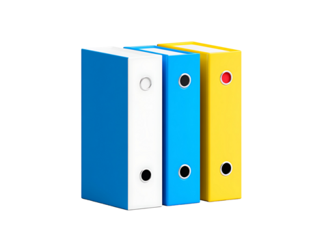 Colorful lever arch files standing in a row, a vibrant symbol of organized information and efficient record-keeping, showcasing a clean and modern design against a bright white background.