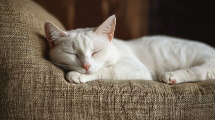 Cozy cat corner chaos sleeping white cat in a cozy home environment indoor scene peaceful viewpoint