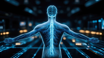 Futuristic hologram showing human nervous system with brain and spinal cord