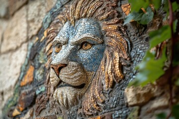 A mosaic lion's head, detailed and vibrant, adorns a stone wall, showcasing artistic craftsmanship.