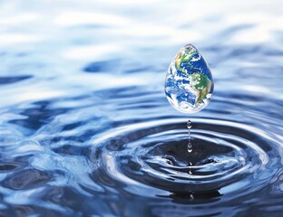 A transparent water droplet containing Earth hovers above rippling water, symbolizing global conservation, sustainability, and environmental awareness. Ideal for World Water Day and climate change