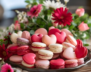 Fototapeta premium Heart-Shaped Macarons with Flowers