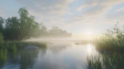 Obraz premium Expansive wetlands reserve with early morning mist and deep green foliage high resolution wallpaper
