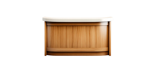 A sleek, modern reception desk crafted from rich, warm wood with a smooth off-white countertop, perfect for a stylish office or boutique.