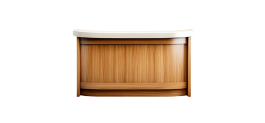 A sleek, modern reception desk crafted from rich, warm wood with a smooth off-white countertop, perfect for a stylish office or boutique.