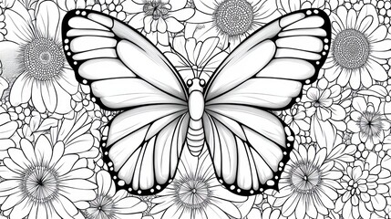 Fototapeta premium Butterfly among flowers, coloring page, nature, illustration