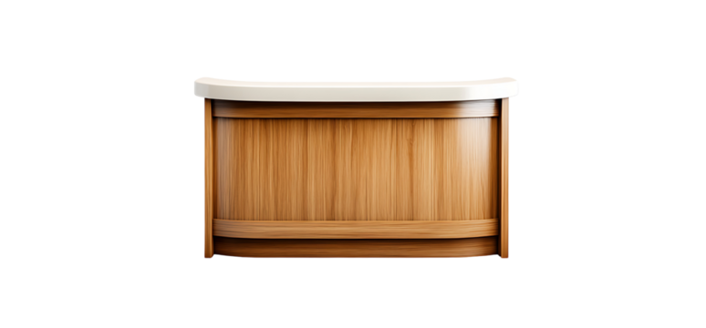 A sleek, modern reception desk crafted from rich, warm wood with a smooth off-white countertop, perfect for a stylish office or boutique.