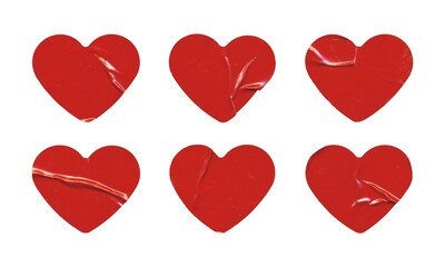 Set of six red glossy paper hearts with creases, blank love sticker on white background