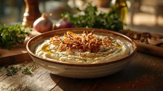 Bowl of creamy baba ghanoush dip garnished with crispy fried onion strings rustic presentation culinary shot