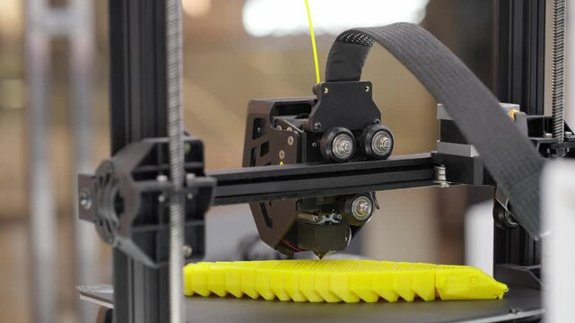 3D printer printing a bright yellow object model closeup real time. 3D printing machine. 3d printing of plastic filament on 3d printer. Printing mechanism is adding layers to an yellow 3D-object.