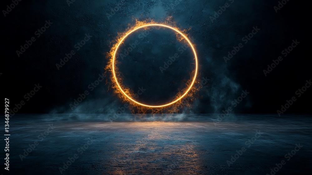 Poster circular glowing fiery frame in dark studio