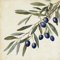 Watercolor Olive Branch with Dark Blue Olives on Textured Paper Background Capturing Freshness and Botanical Beauty