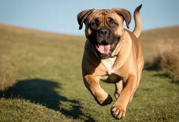 bullmastiff dog running in the countryside, mastiff playing outdoor in the meadwon, in a sunny day, under a blue sky, happy doggy in the nature