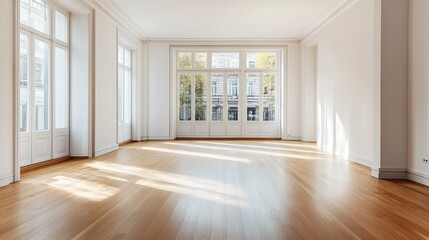 Bright Interior Space with Hardwood Floor Expansive Windows White Walls Enhancing Sunlight Elegant Decoration Home