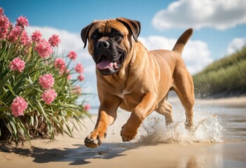 Obraz premium bullmastiff dog running on the beach, mastiff playing outdoors on the sand of the coast near the ocean, in a sunny day, under a blue sky, happy doggy in the nature on the shores close to the water
