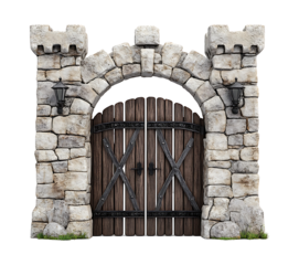 A rustic wooden gate stands proudly within a majestic stone archway, evoking a sense of timeless enchantment and mystery, detailed with iron accents and flanking lanterns.
