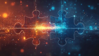 Fototapeta premium AI and technology integration concept, represented by interlocking puzzle pieces against a futuristic abstract background, signifying innovation and connectivity