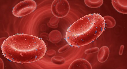 Microplastic in Human Blood. Microbeads and Microplastics pollution concept. Red blood cell with blue plastic particles. For medical, health, laboratory chemistry and environmental research. 